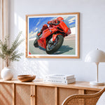 Red racing motorcycle cross stitch artwork displayed on wall as home decor