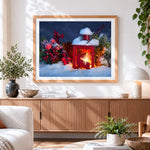 Finished red reindeer lantern in the snow cross stitch artwork displayed