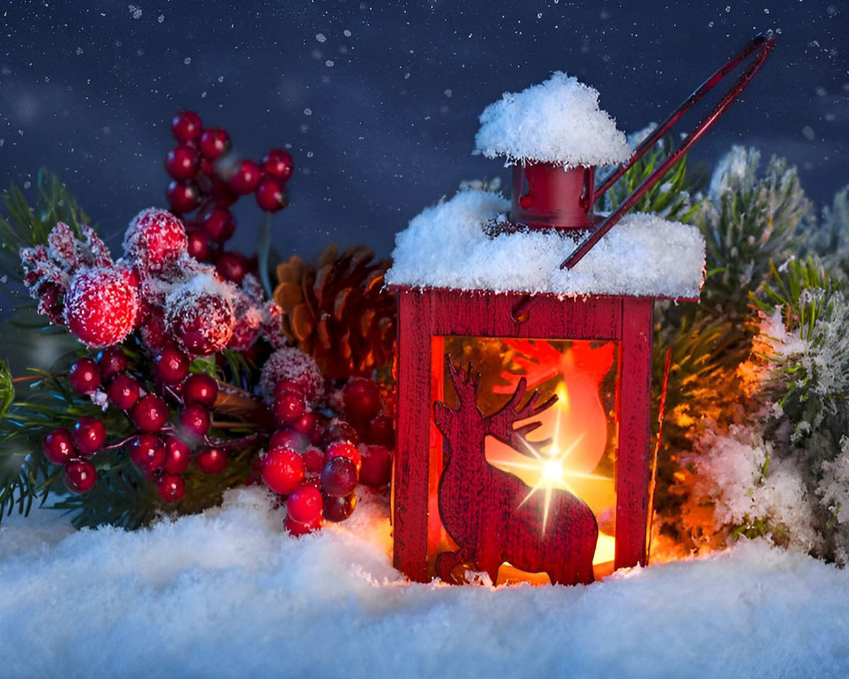 Red reindeer lantern in the snow cross stitch kit for beginners