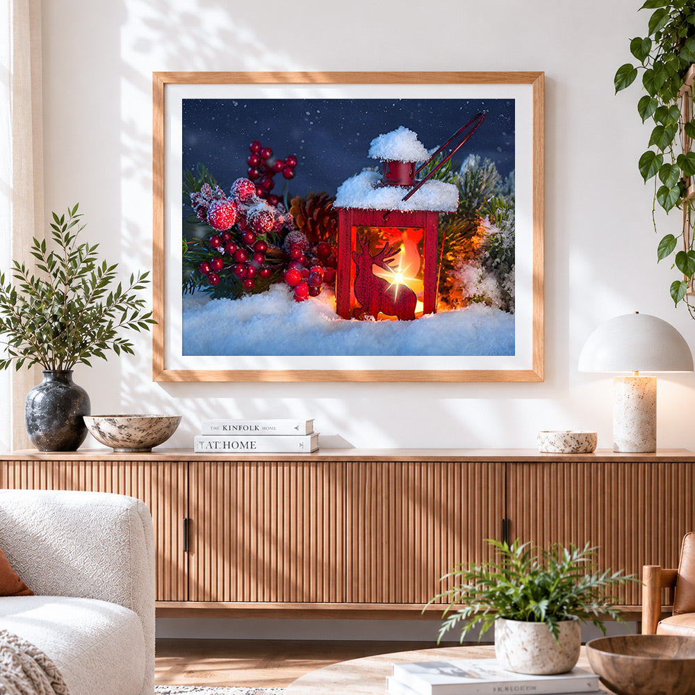 Finished red reindeer lantern in the snow paint by numbers artwork displayed as home decor