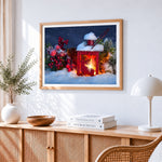 Red reindeer lantern in the snow paint by numbers artwork displayed on wall as home decor
