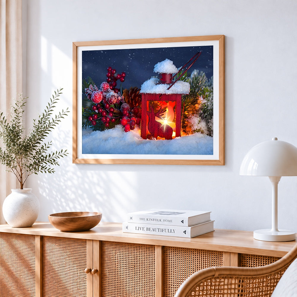 Red reindeer lantern in the snow paint by numbers artwork displayed on wall as home decor