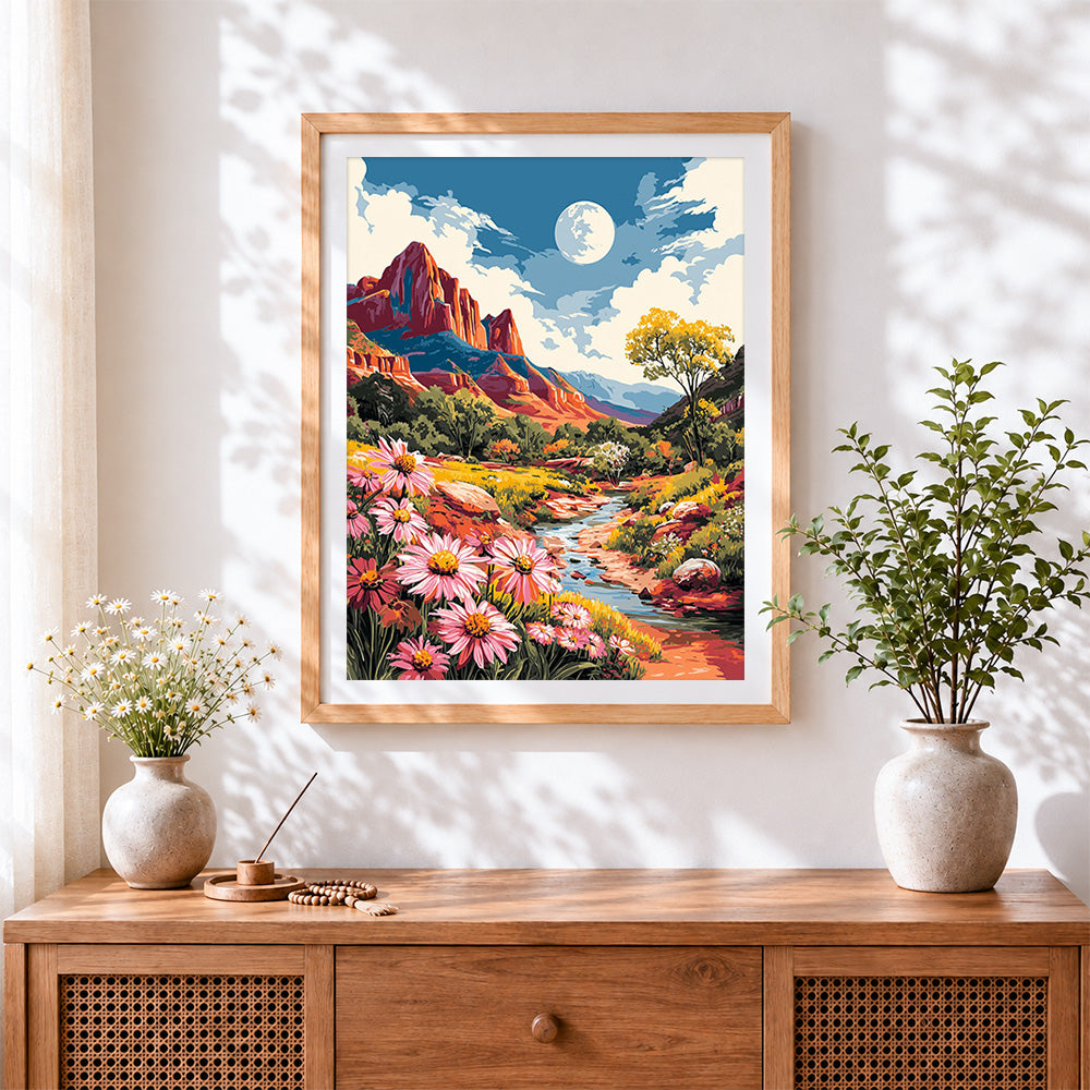 Finished red rock canyon and wildflowers cross stitch artwork displayed