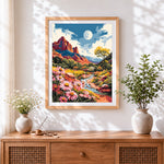 Finished red rock canyon and wildflowers cross stitch artwork displayed