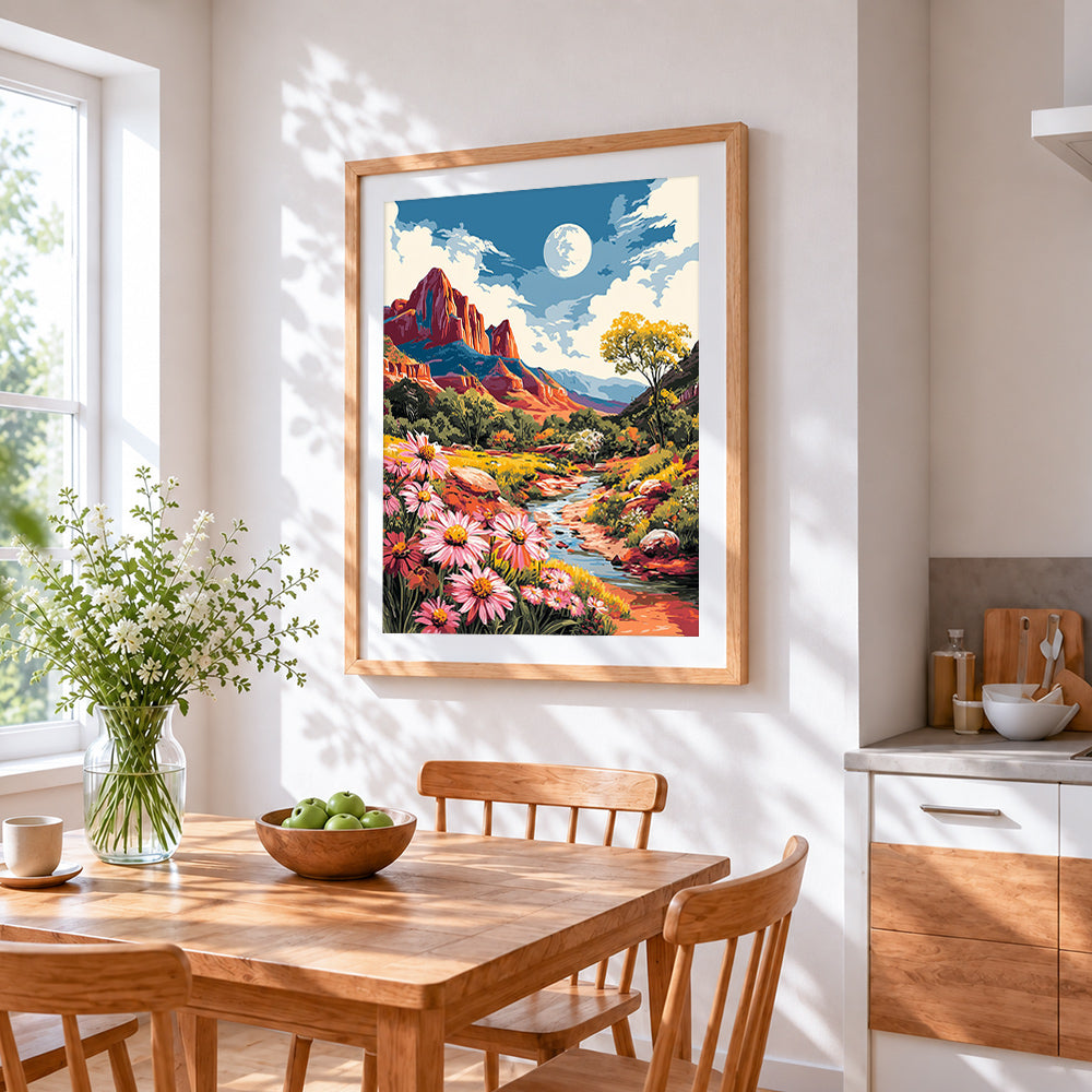 Red rock canyon and wildflowers cross stitch artwork displayed on wall as home decor