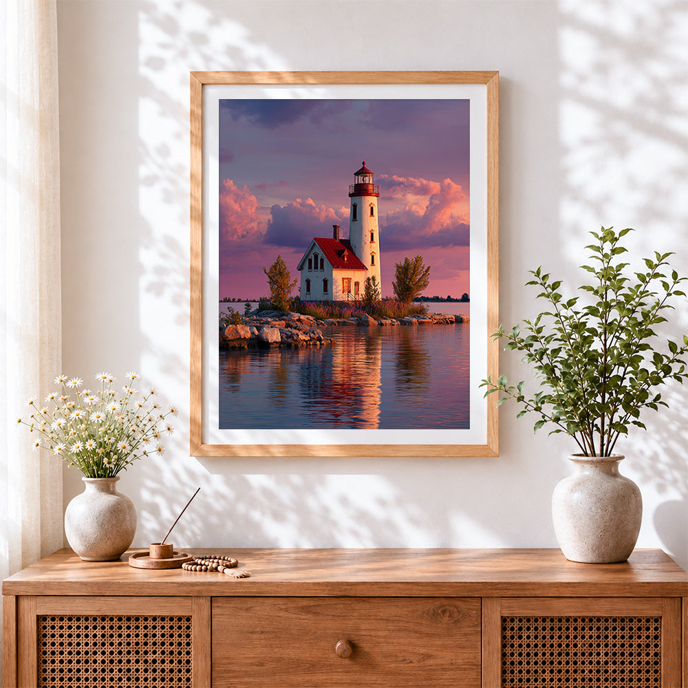 Finished red roof lighthouse at sunset cross stitch artwork displayed