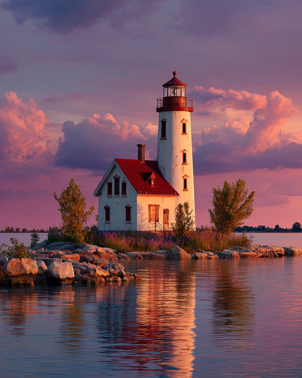 Red roof lighthouse at sunset cross stitch kit for beginners
