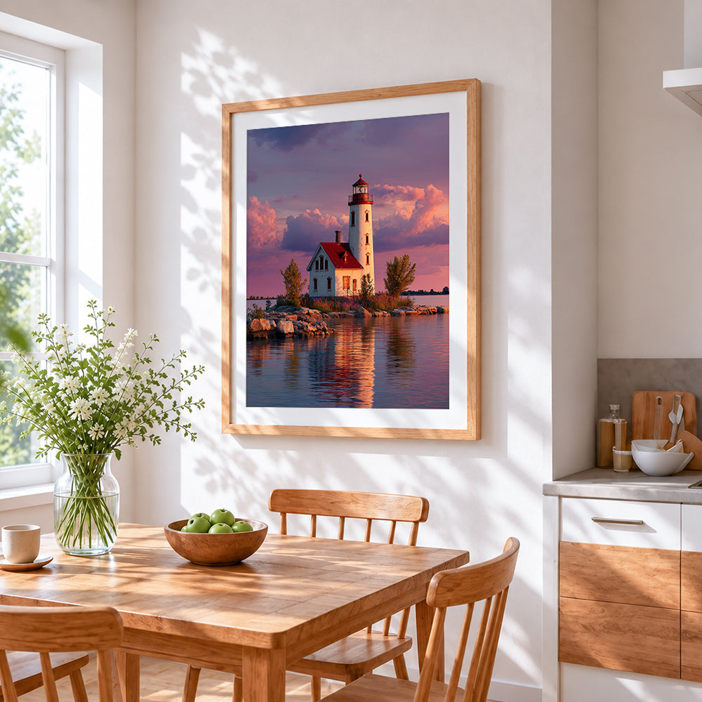 Red roof lighthouse at sunset cross stitch artwork displayed on wall as home decor