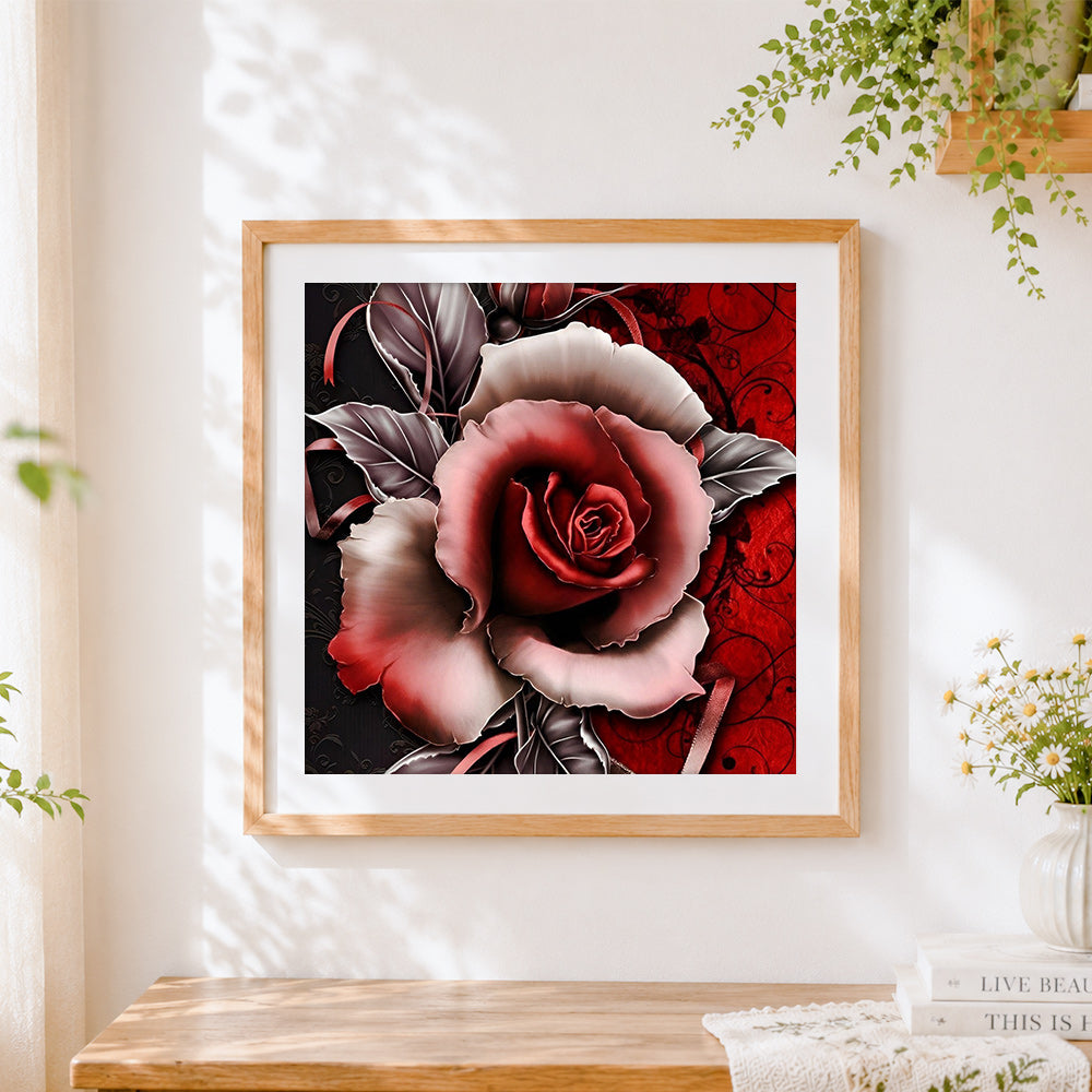 Finished red rose and black vines cross stitch artwork displayed