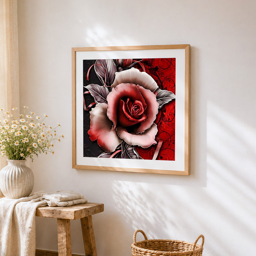 Red rose and black vines cross stitch artwork displayed on wall as home decor