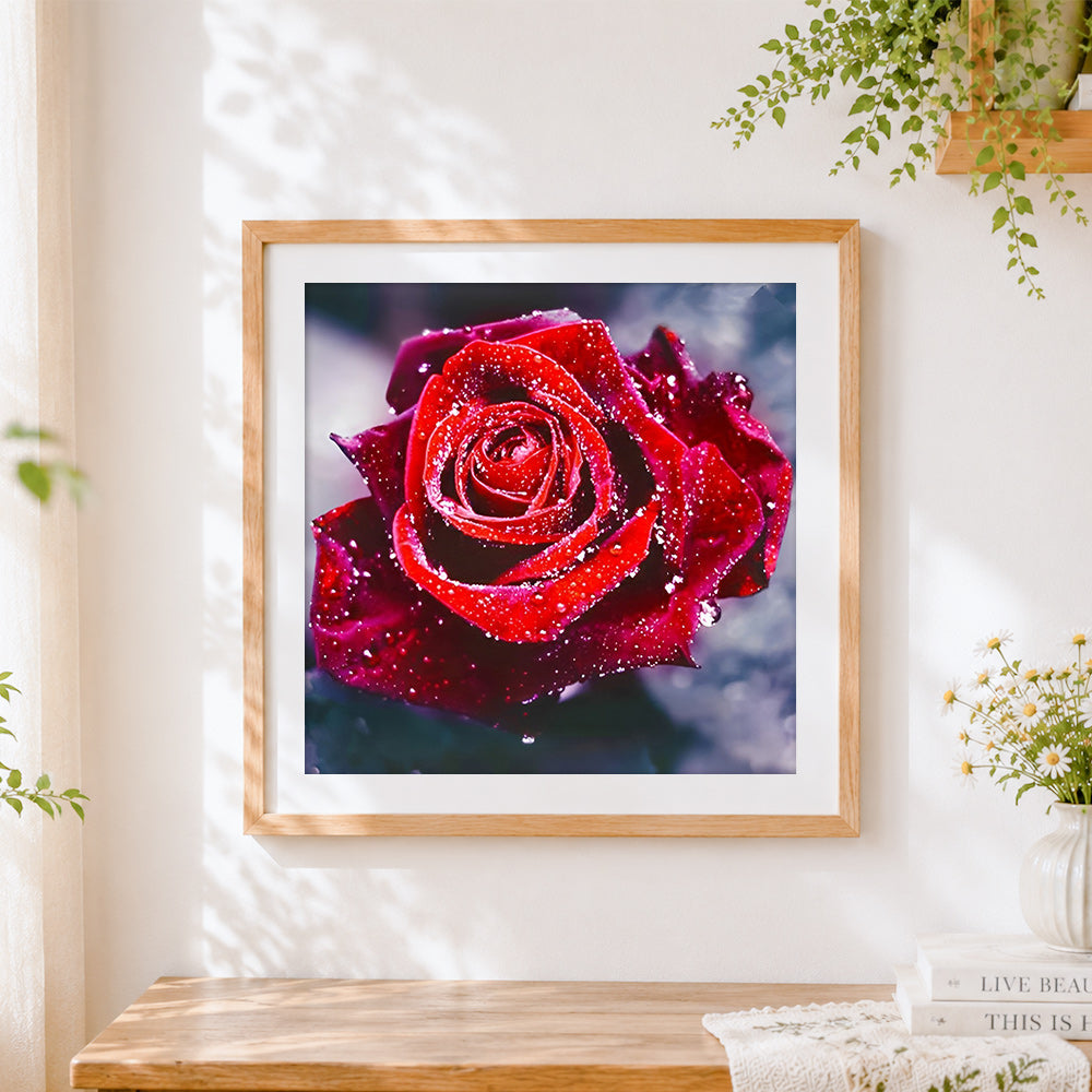 Finished red rose close-up with dew paint by numbers artwork displayed as home decor