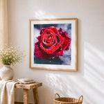 Red rose close-up with dew paint by numbers artwork displayed on wall as home decor