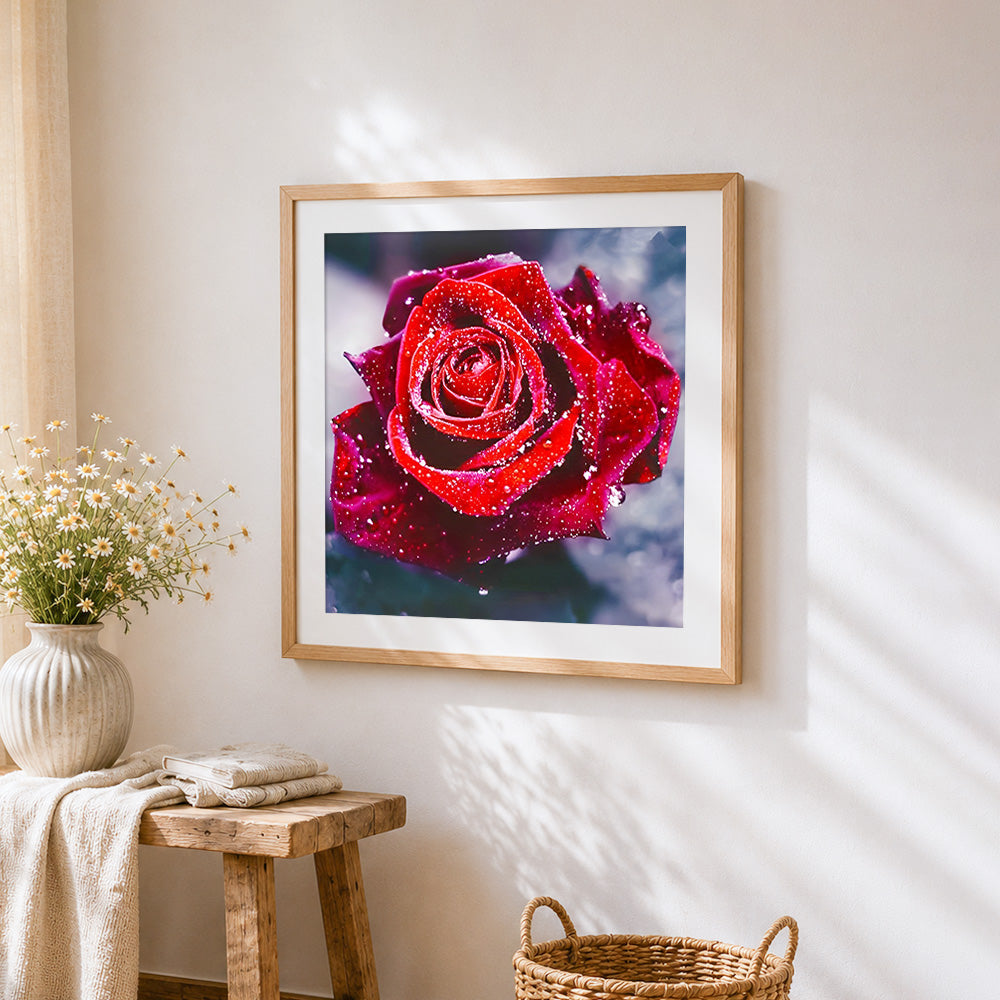 Red rose close-up with dew paint by numbers artwork displayed on wall as home decor