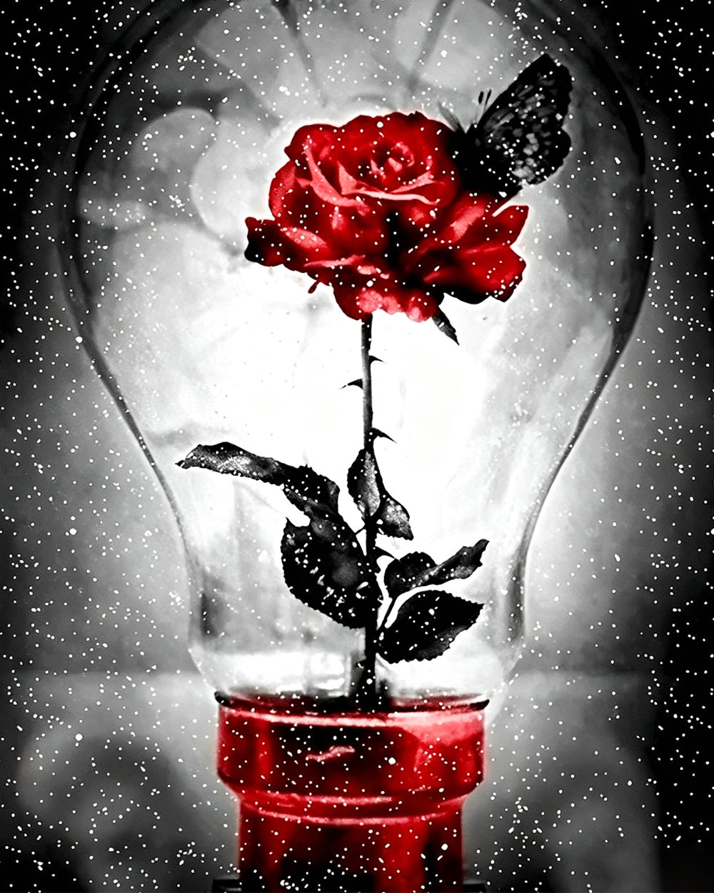 Red rose in lightbulb with butterfly cross stitch kit for beginners