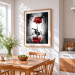 Red rose in lightbulb with butterfly cross stitch artwork displayed on wall as home decor
