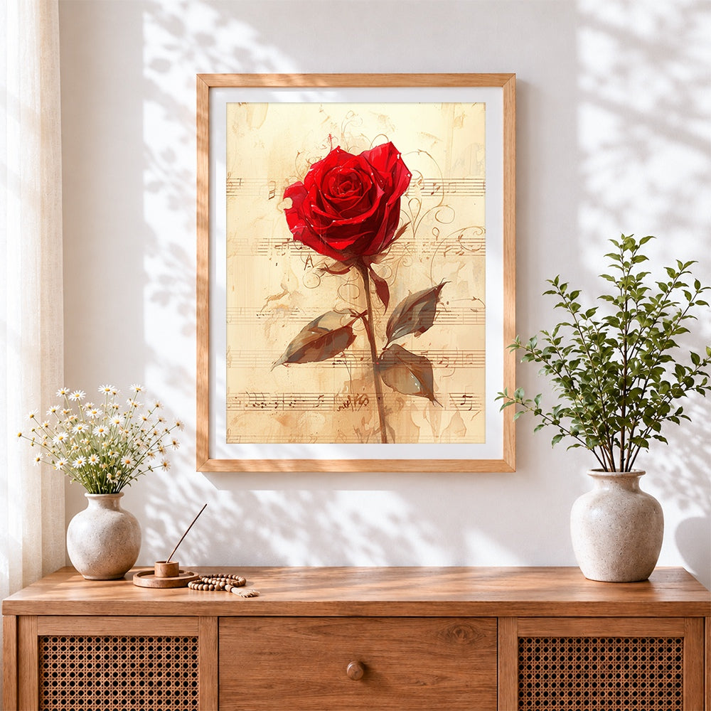 Finished red rose on vintage sheet music cross stitch artwork displayed