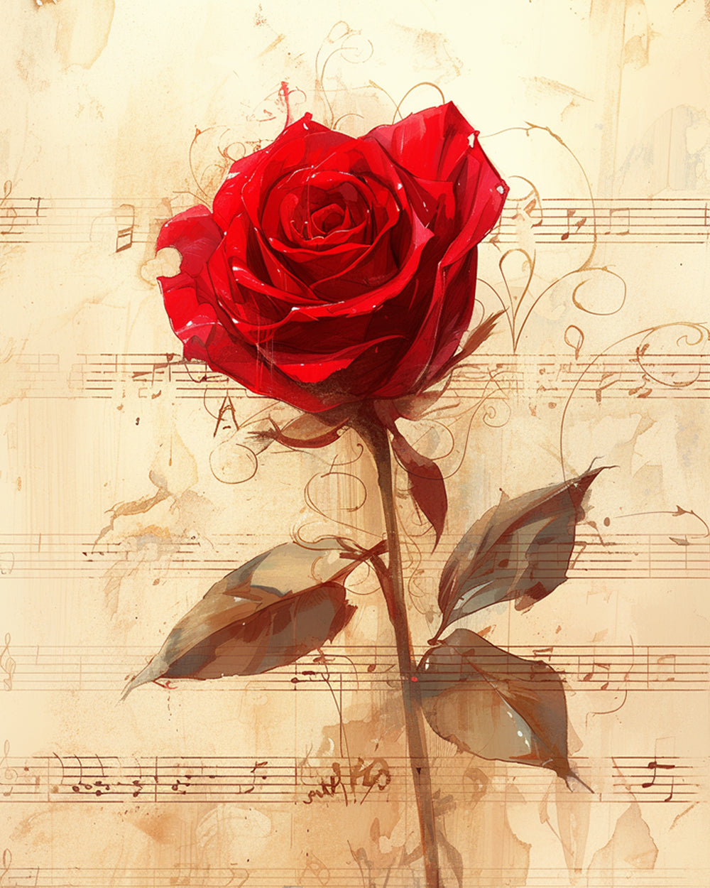 Red rose on vintage sheet music cross stitch kit for beginners