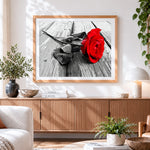 Finished red rose on weathered wood paint by numbers artwork displayed as home decor