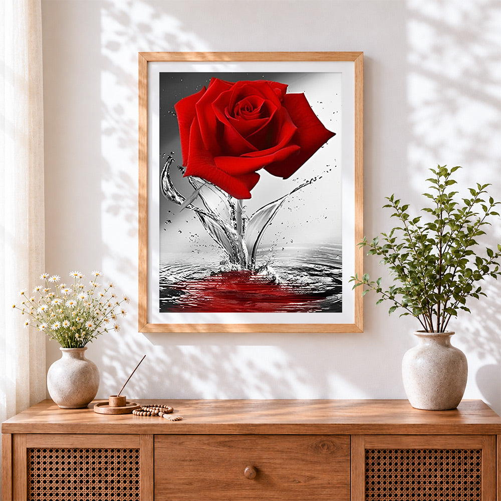 Finished red rose splashing in water cross stitch artwork displayed