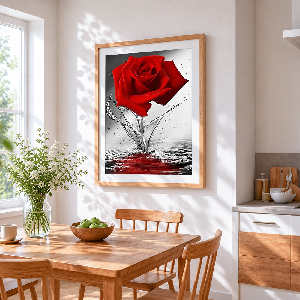 Red rose splashing in water cross stitch artwork displayed on wall as home decor