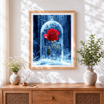 Finished red rose under a glass dome cross stitch artwork displayed