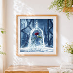 Finished red rose under a glass dome in snow paint by numbers artwork displayed as home decor