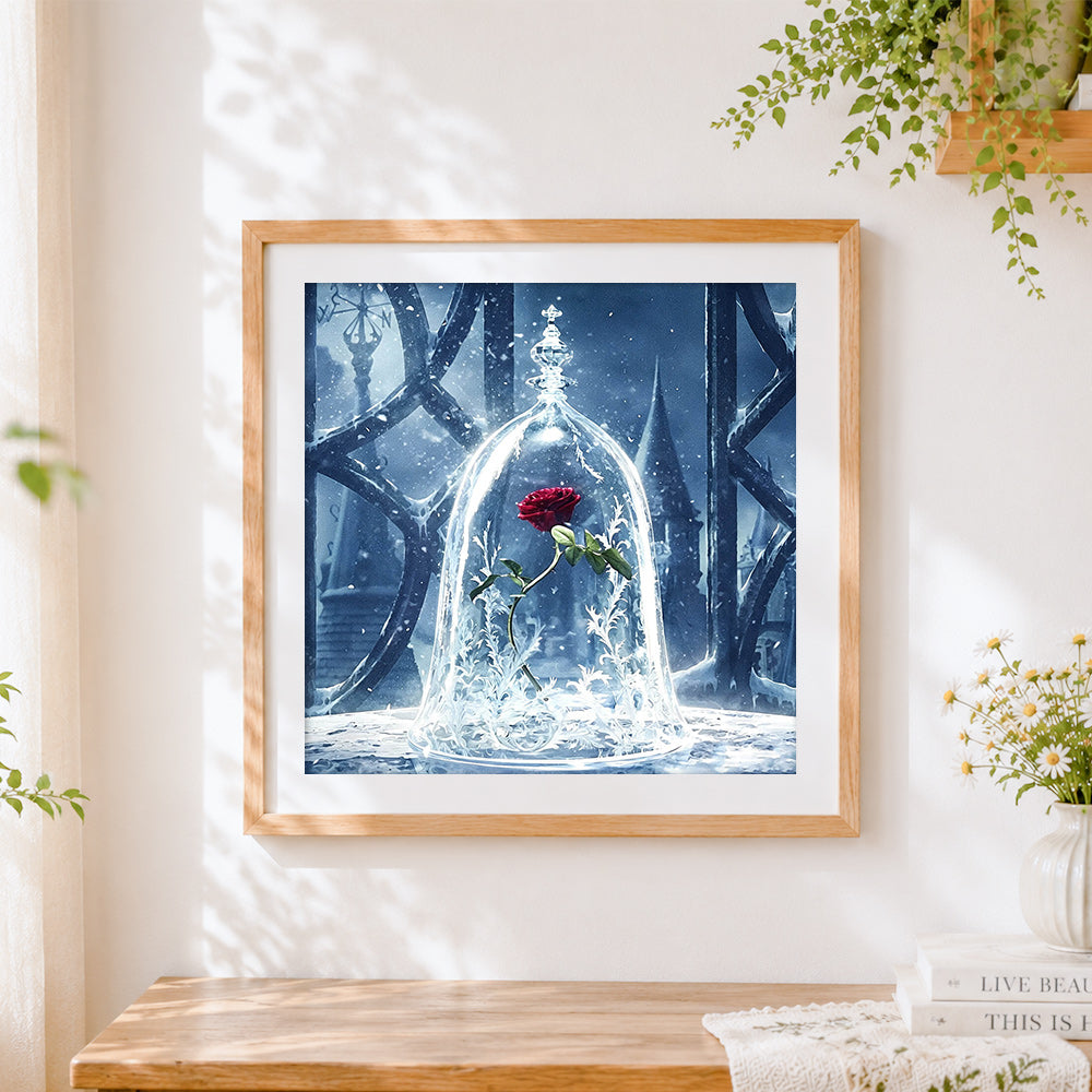 Finished red rose under a glass dome in snow paint by numbers artwork displayed as home decor