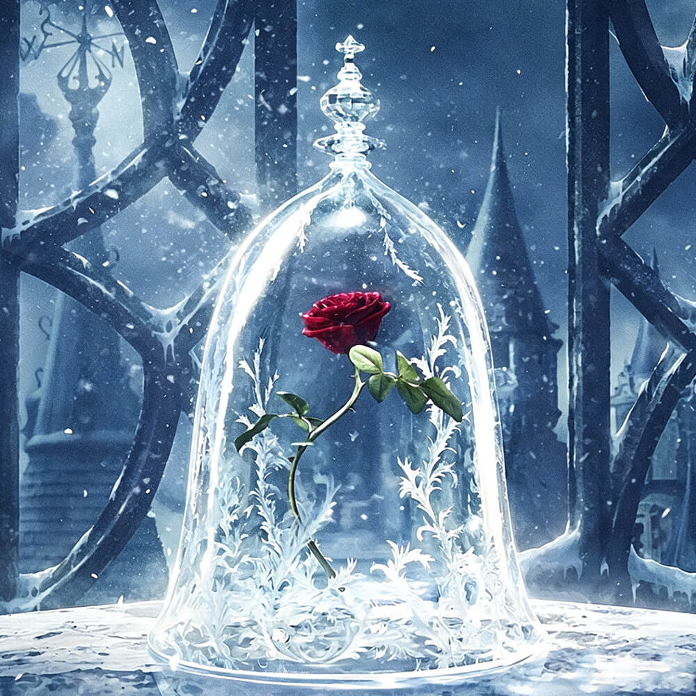 Red rose under a glass dome in snow paint by numbers kit for beginners