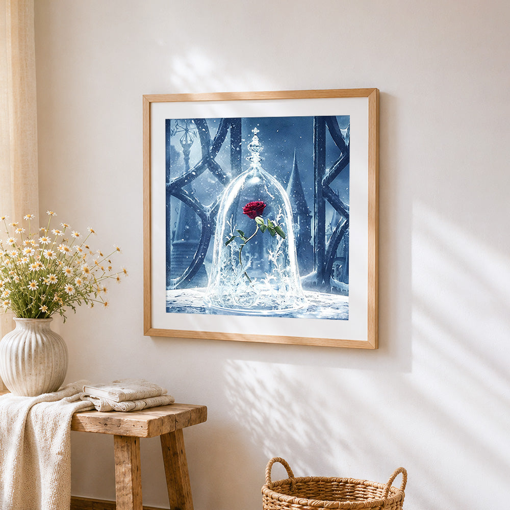 Red rose under a glass dome in snow paint by numbers artwork displayed on wall as home decor
