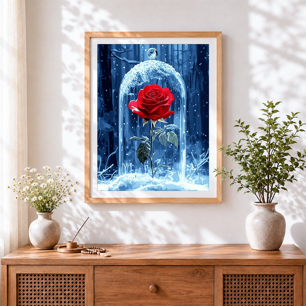 Finished red rose under a glass dome paint by numbers artwork displayed as home decor
