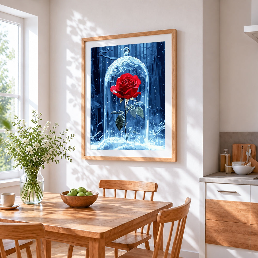 Red rose under a glass dome paint by numbers artwork displayed on wall as home decor