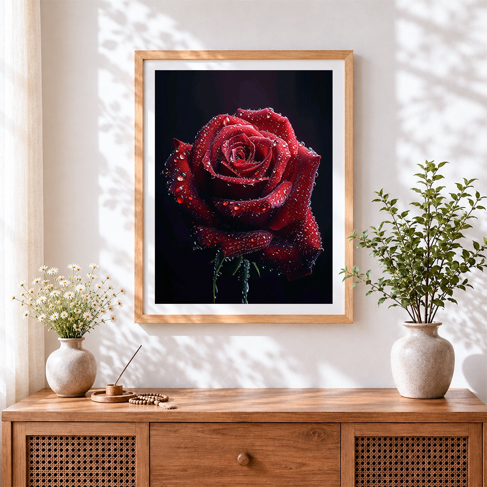 Finished red rose with water droplets cross stitch artwork displayed