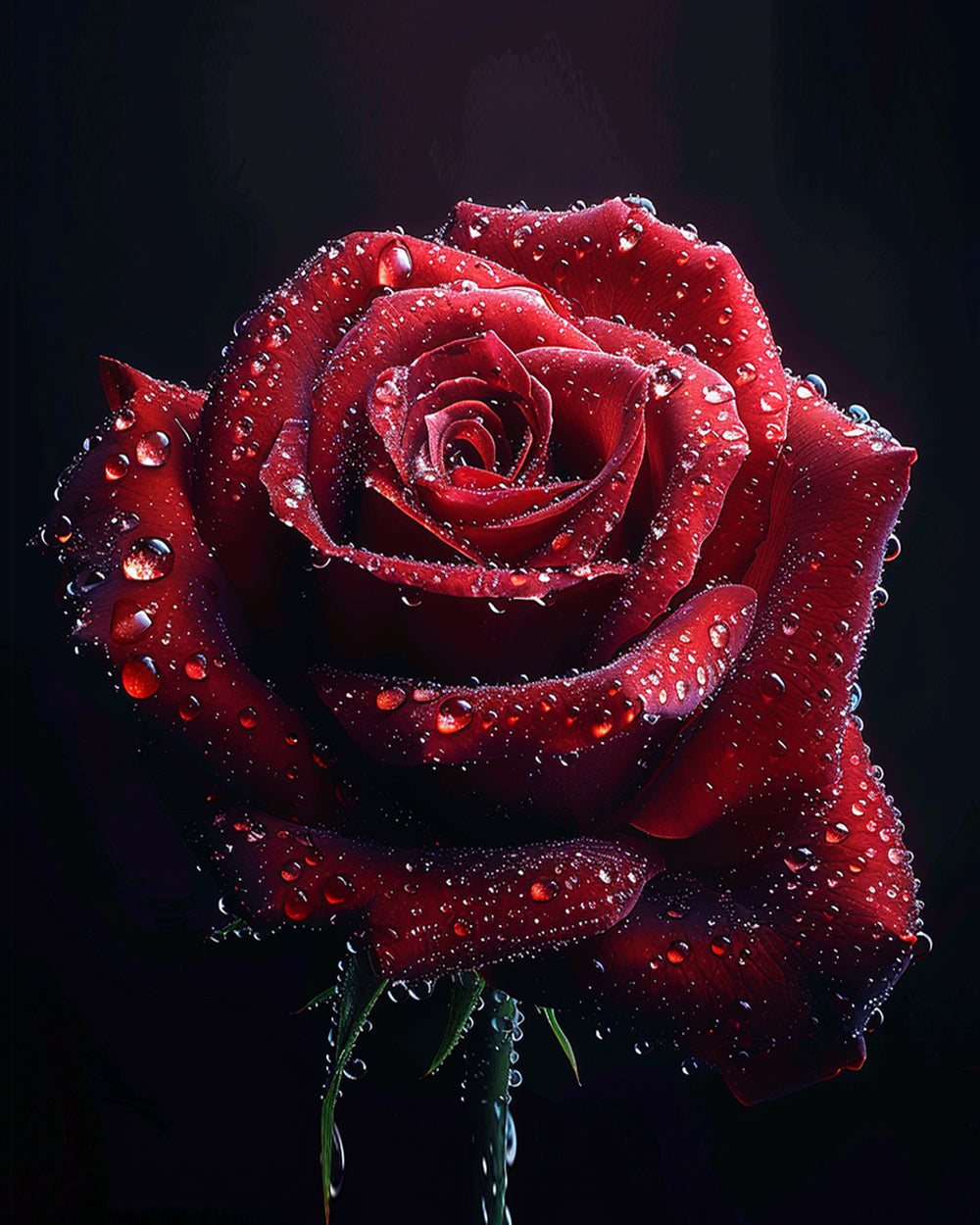 Red rose with water droplets cross stitch kit for beginners