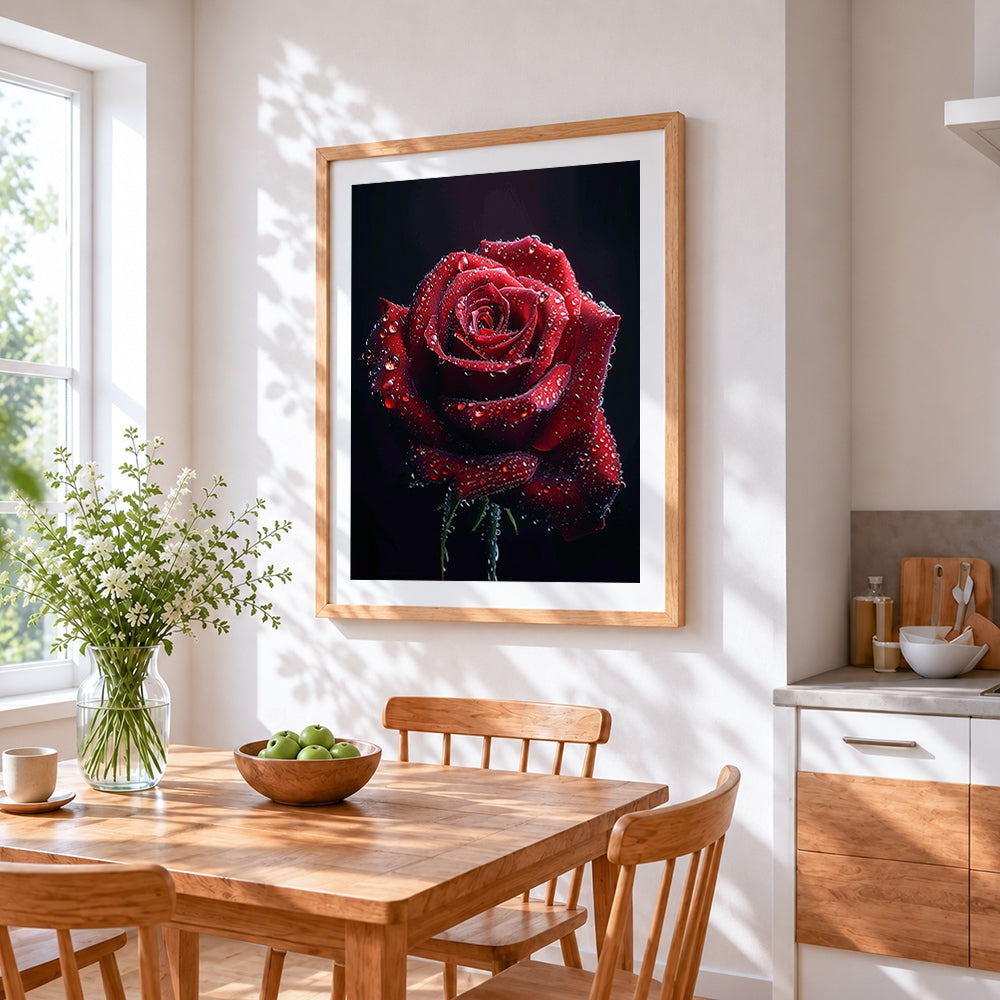 Red rose with water droplets cross stitch artwork displayed on wall as home decor