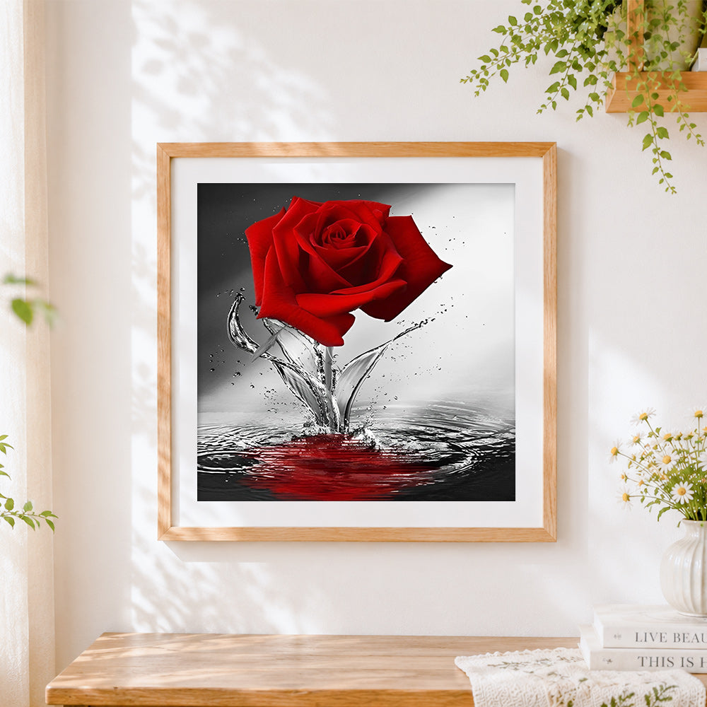 Finished red rose with water splash paint by numbers artwork displayed as home decor