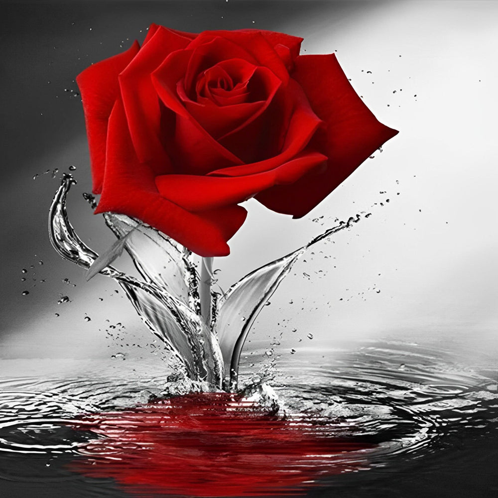 Red rose with water splash paint by numbers kit for beginners