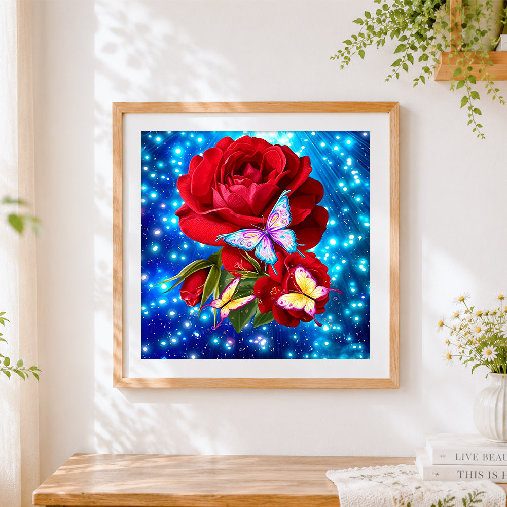 Finished red roses and colourful butterflies cross stitch artwork displayed
