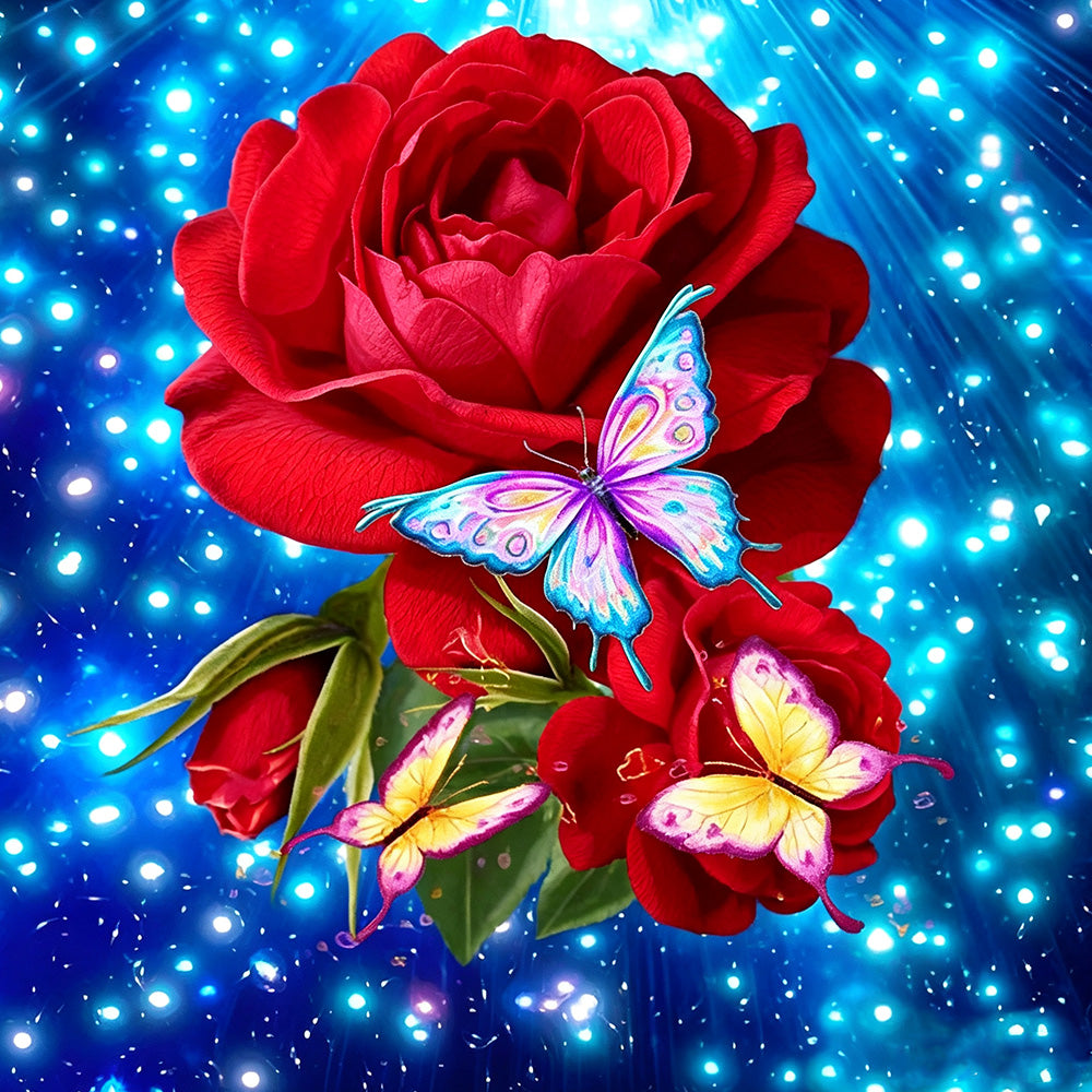Red roses and colourful butterflies cross stitch kit for beginners