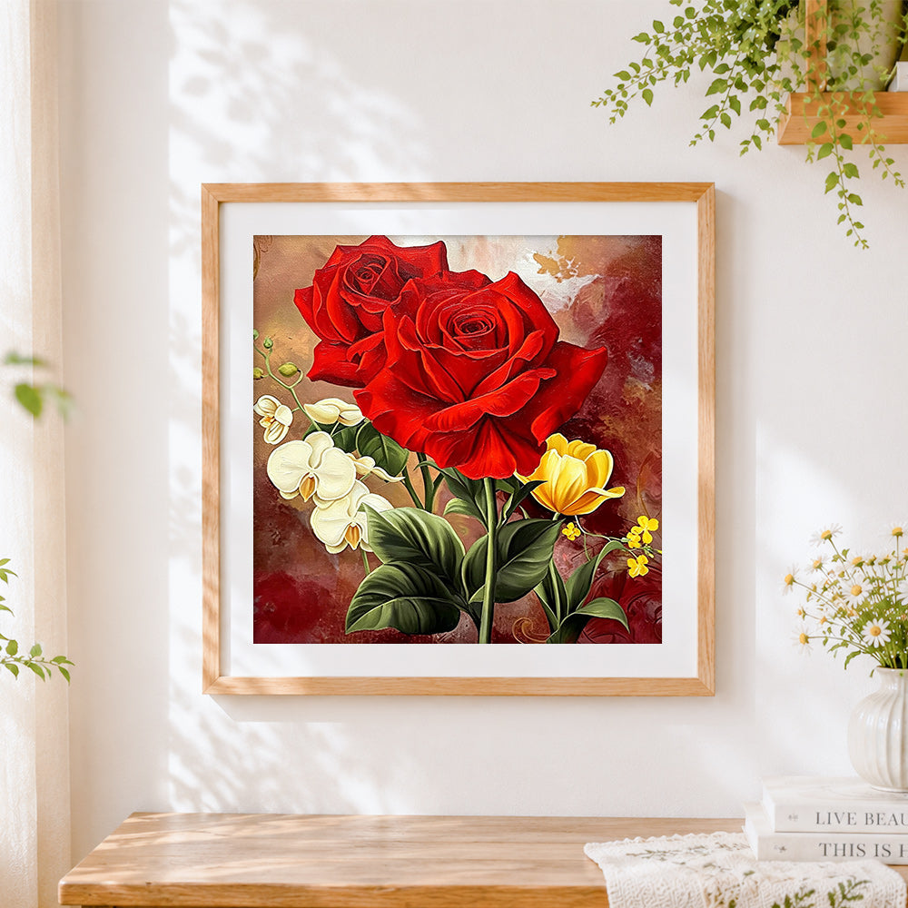 Finished red roses and orchids still life cross stitch artwork displayed