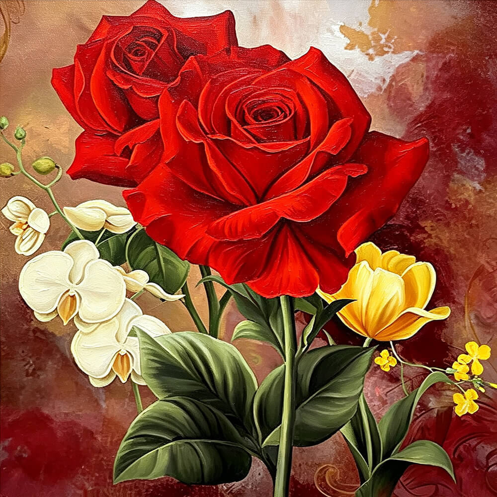 Red roses and orchids still life cross stitch kit for beginners