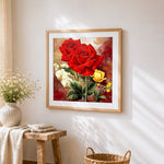 Red roses and orchids still life cross stitch artwork displayed on wall as home decor