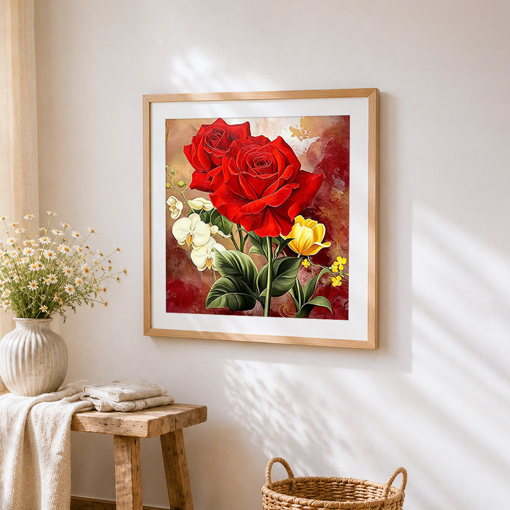 Red roses and orchids still life cross stitch artwork displayed on wall as home decor