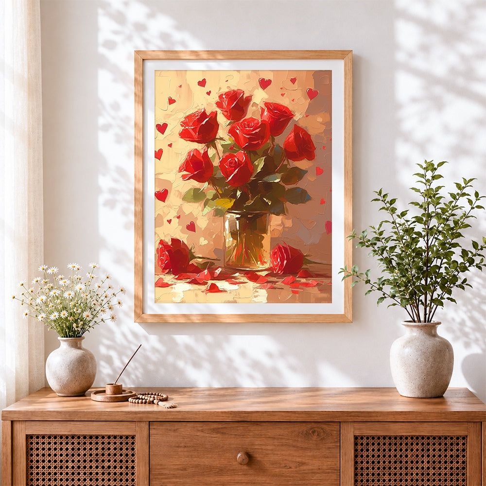 Finished red roses in a glass vase cross stitch artwork displayed