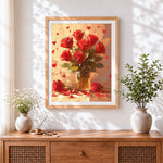 Finished red roses in a glass vase cross stitch artwork displayed