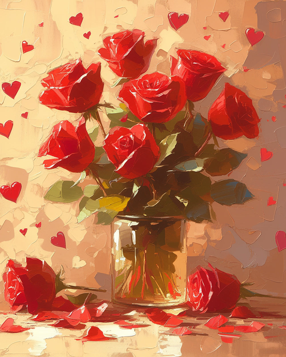 Red roses in a glass vase cross stitch kit for beginners