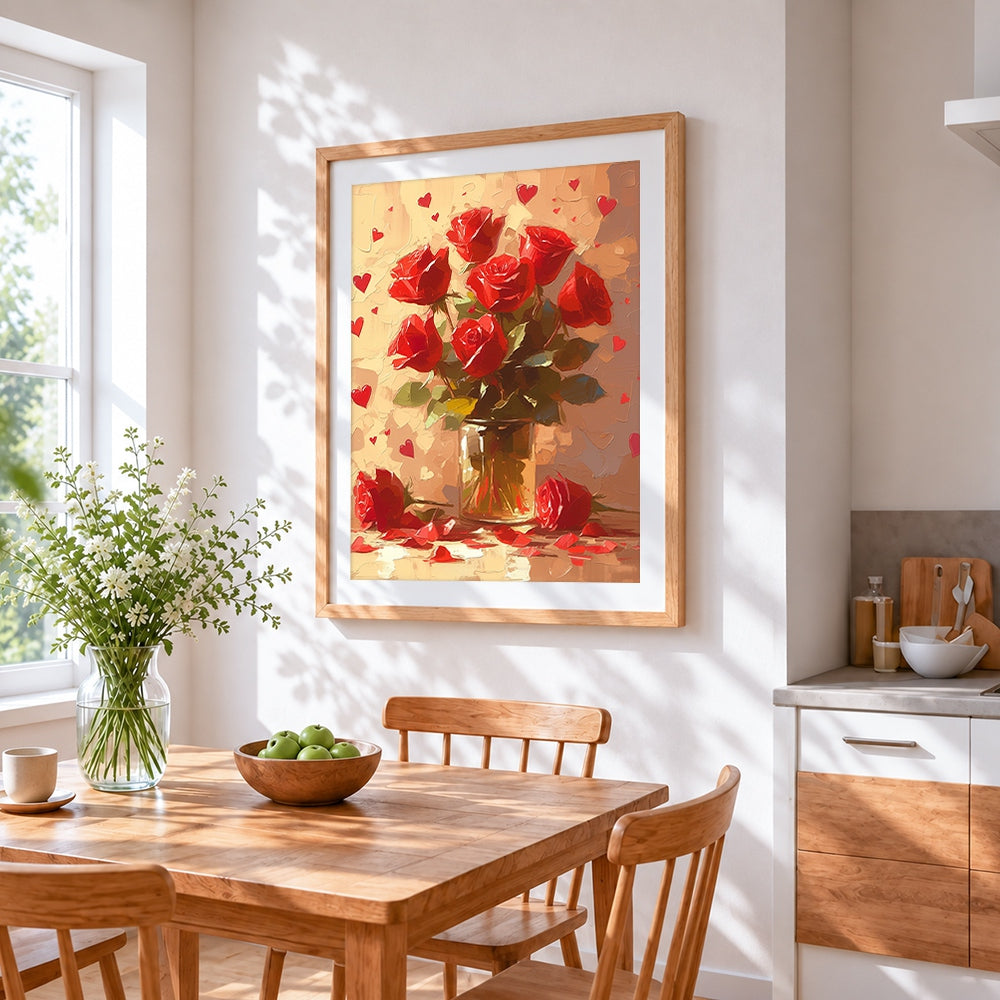 Red roses in a glass vase cross stitch artwork displayed on wall as home decor