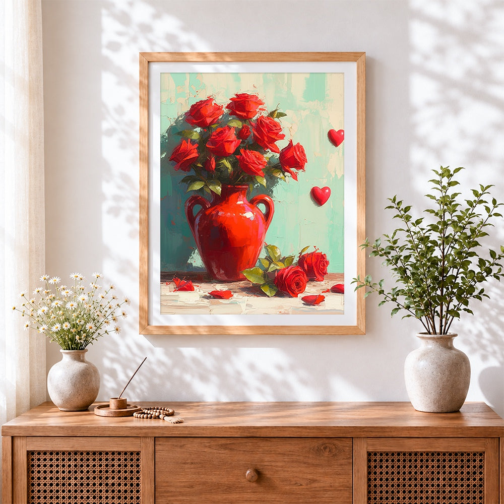 Finished red roses in a red vase with hearts cross stitch artwork displayed