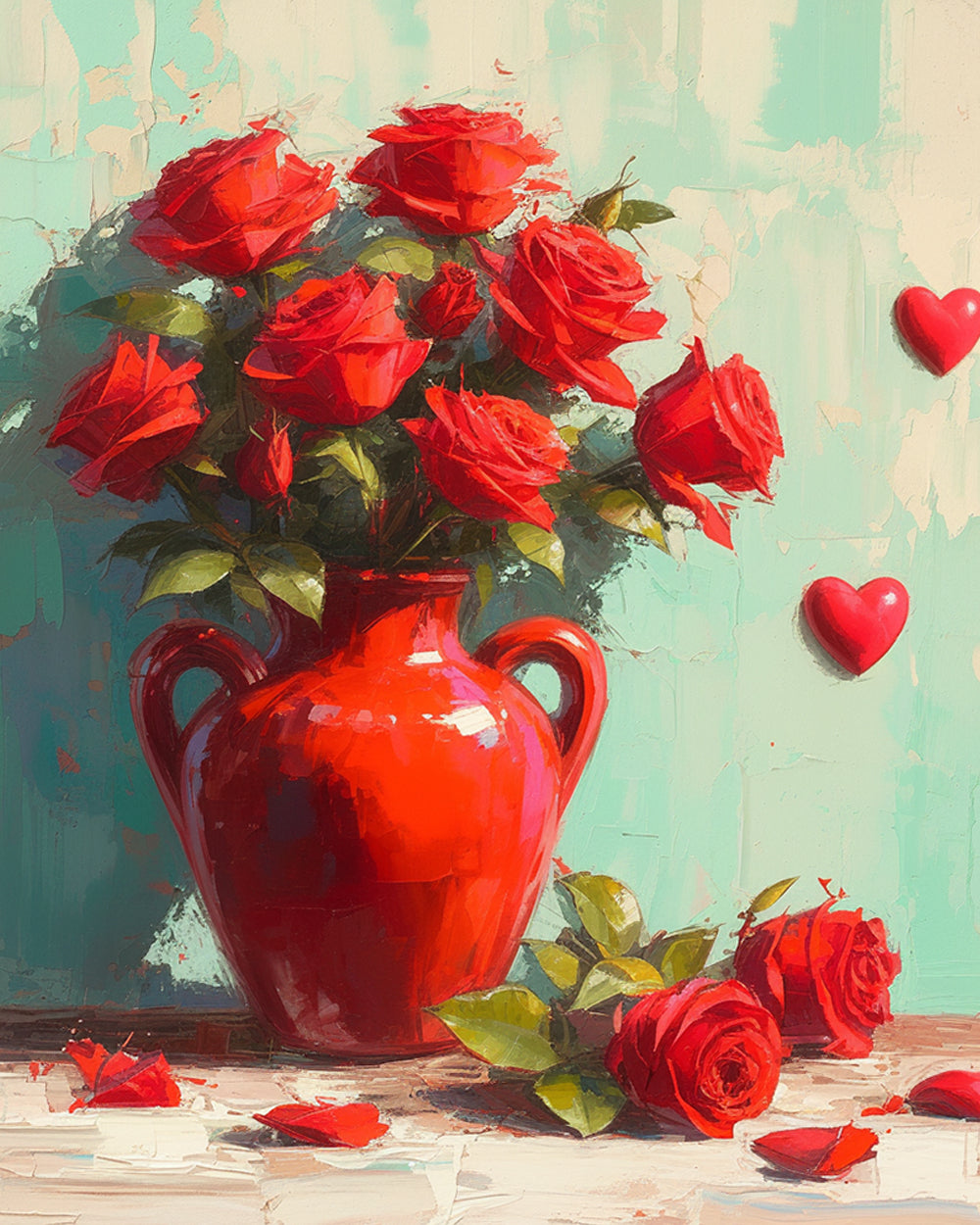 Red roses in a red vase with hearts cross stitch kit for beginners