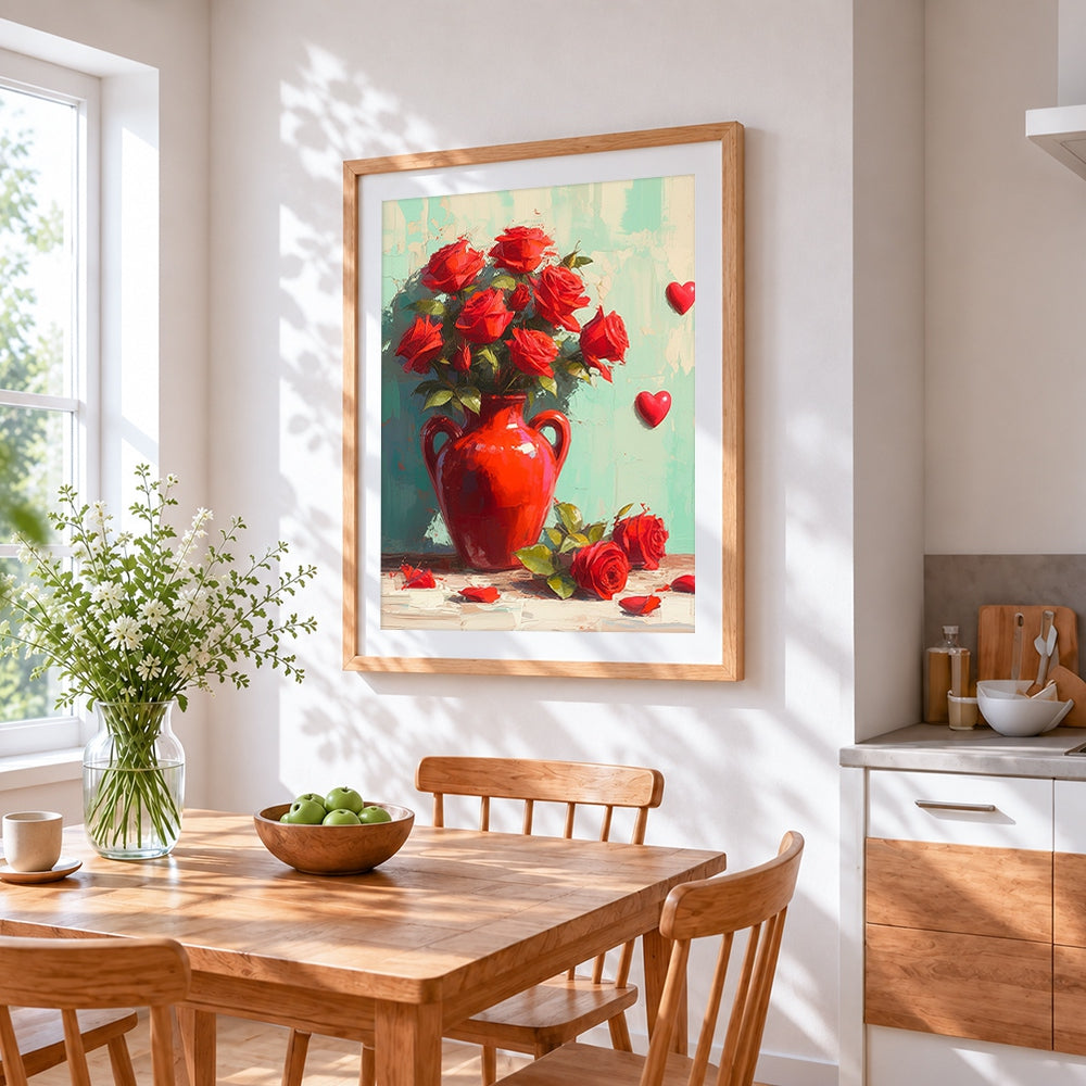 Red roses in a red vase with hearts cross stitch artwork displayed on wall as home decor