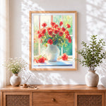 Finished red roses in a white vase by window cross stitch artwork displayed